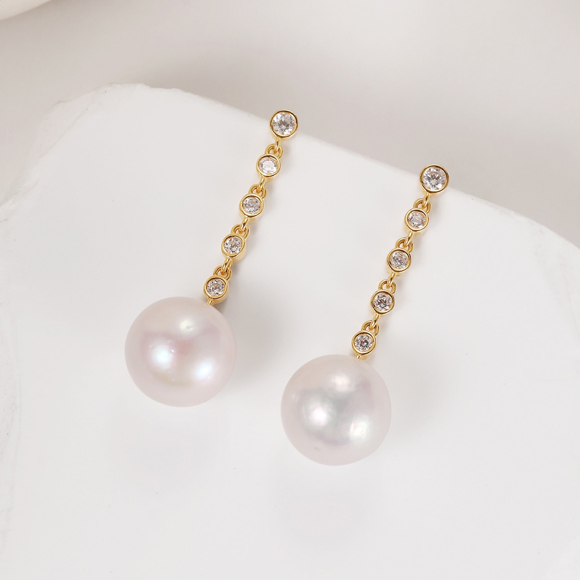 Classicharms Electra Gold Vermeil Diamond Rivière Pearl Drop Earrings