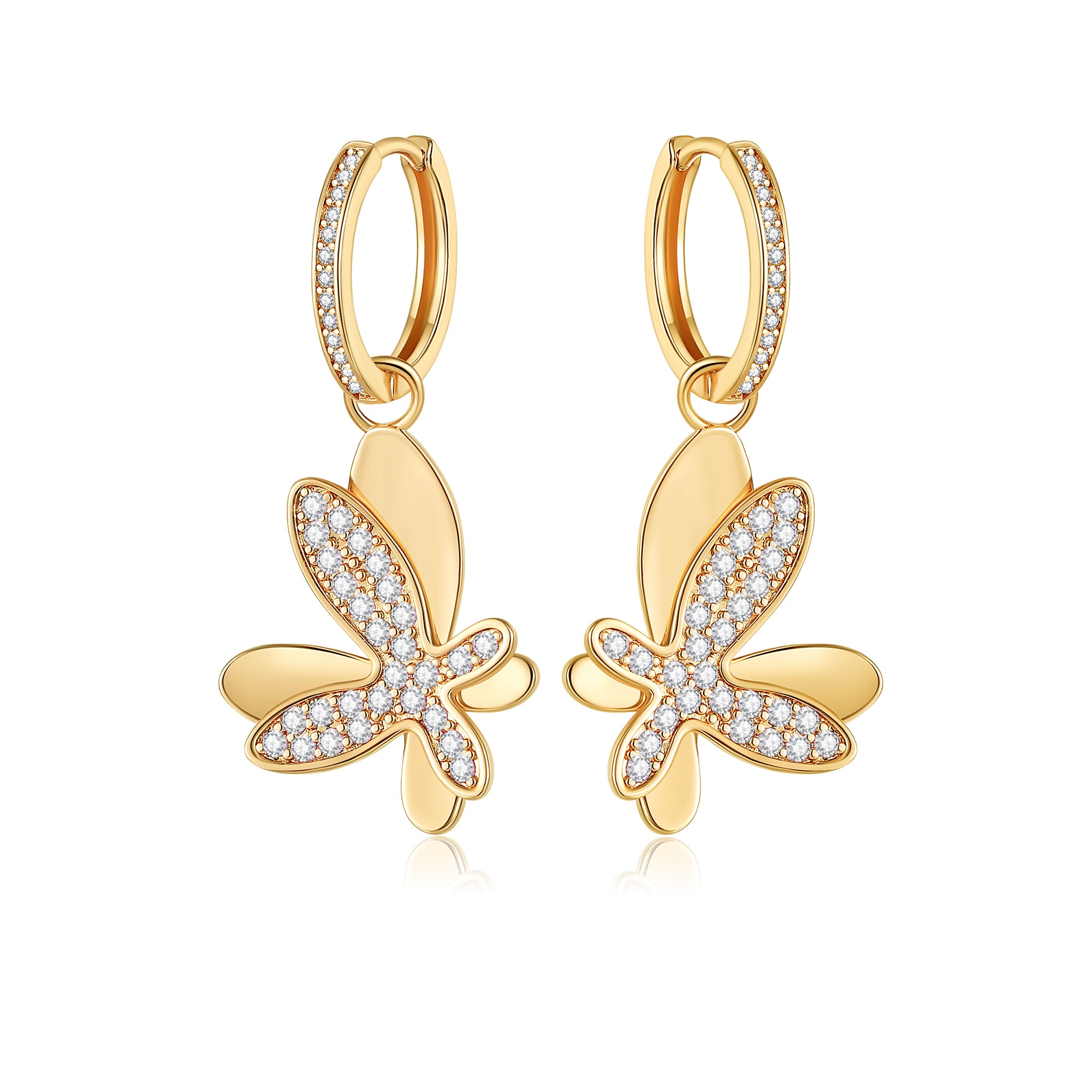 Gold Pavé Diamond Butterfly Dangle Drop Hoop Earrings