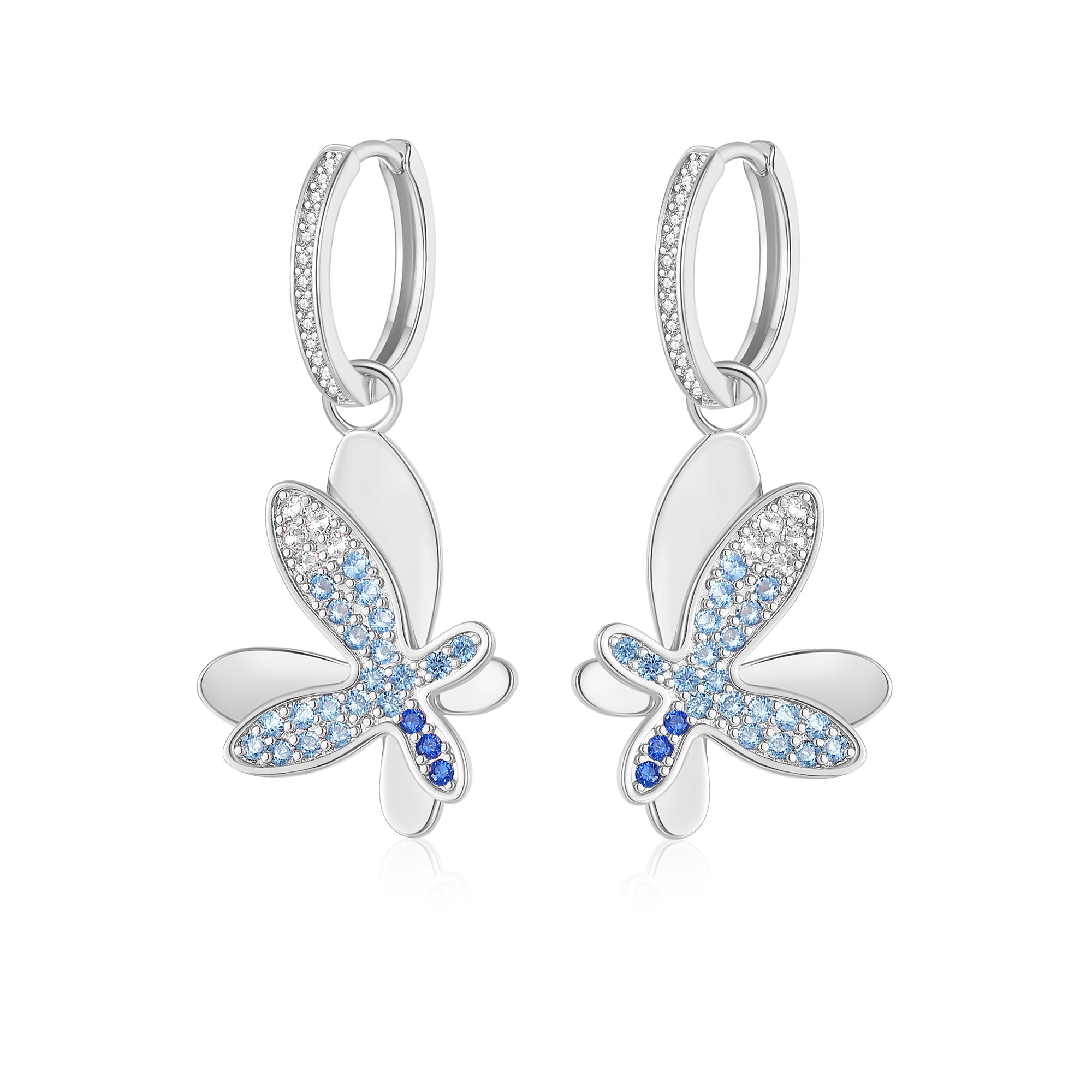 Classicharms Silver Gradient Blue Pavé Diamond Butterfly Dangle Drop Hoop Earrings