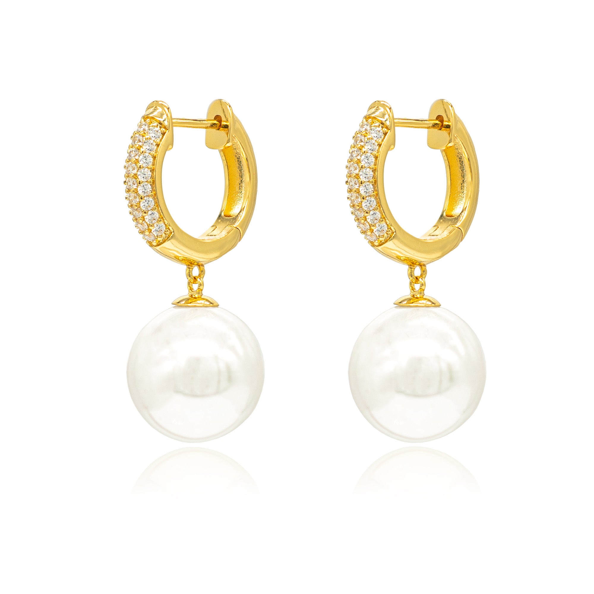 Classicharms Gold Pavé Huggie Hoop Solitaire Pearl Drop Earrings