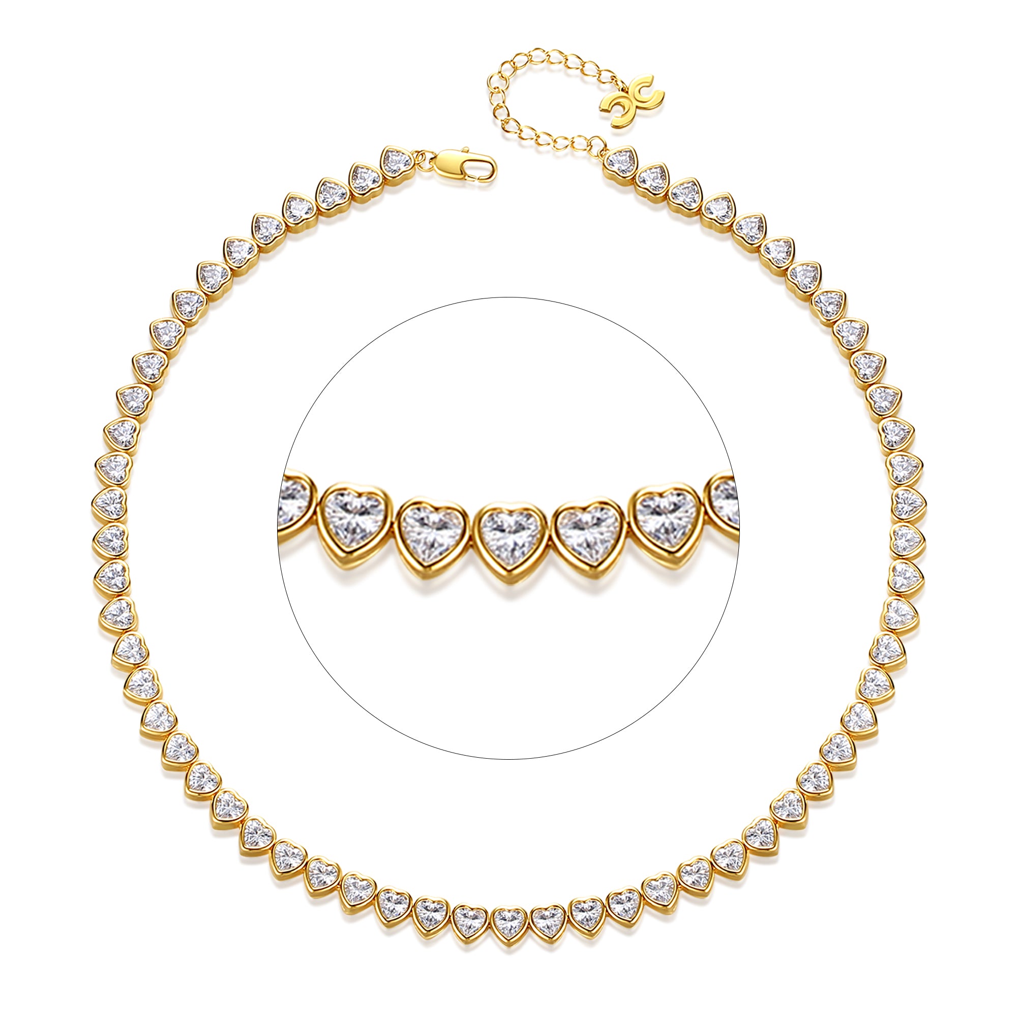 Classicharms Gold Heart Shaped Zirconia Tennis Choker Necklace