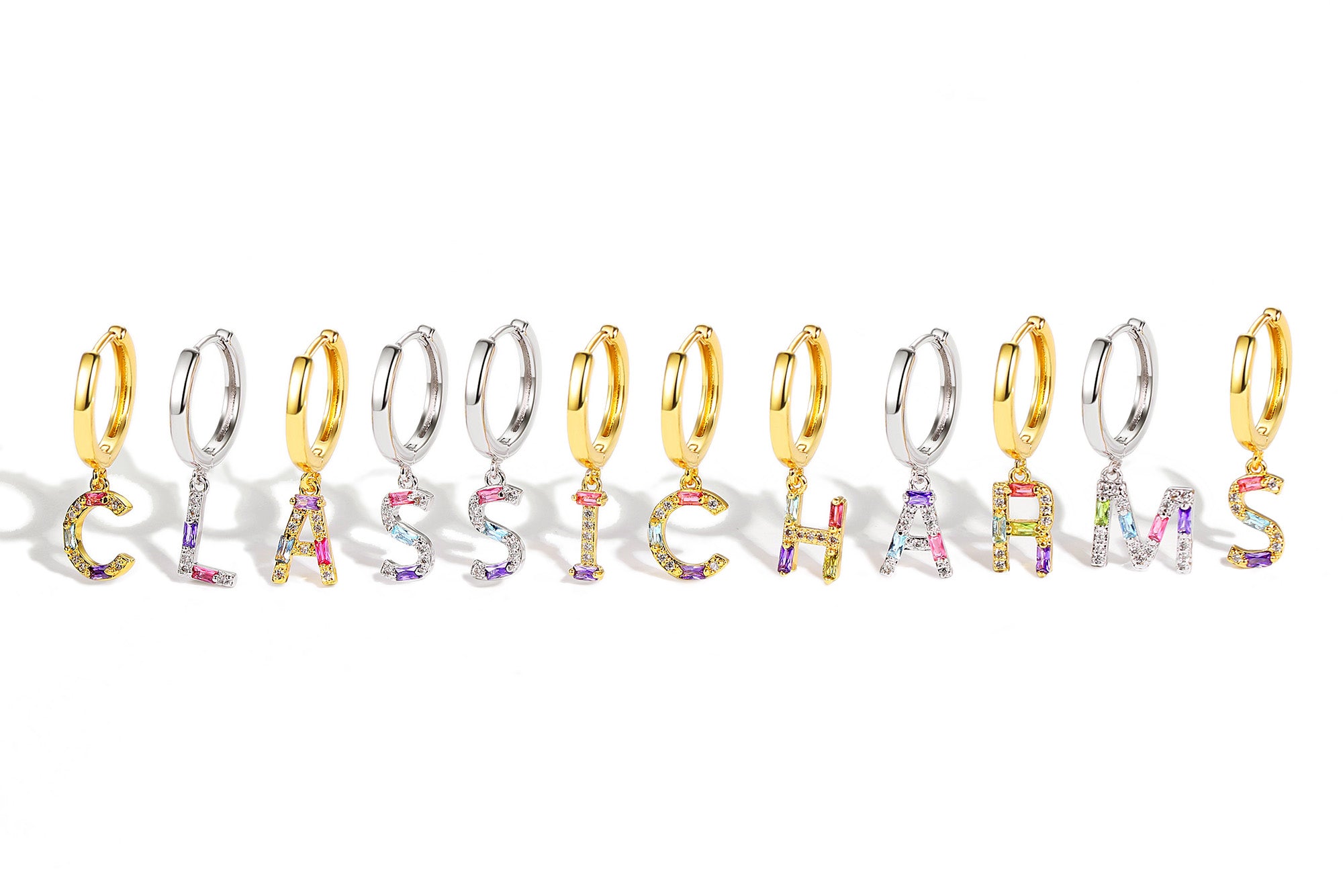 Classicharms Single Gold Pavé Initial Charm Drop Huggie Hoop Earring