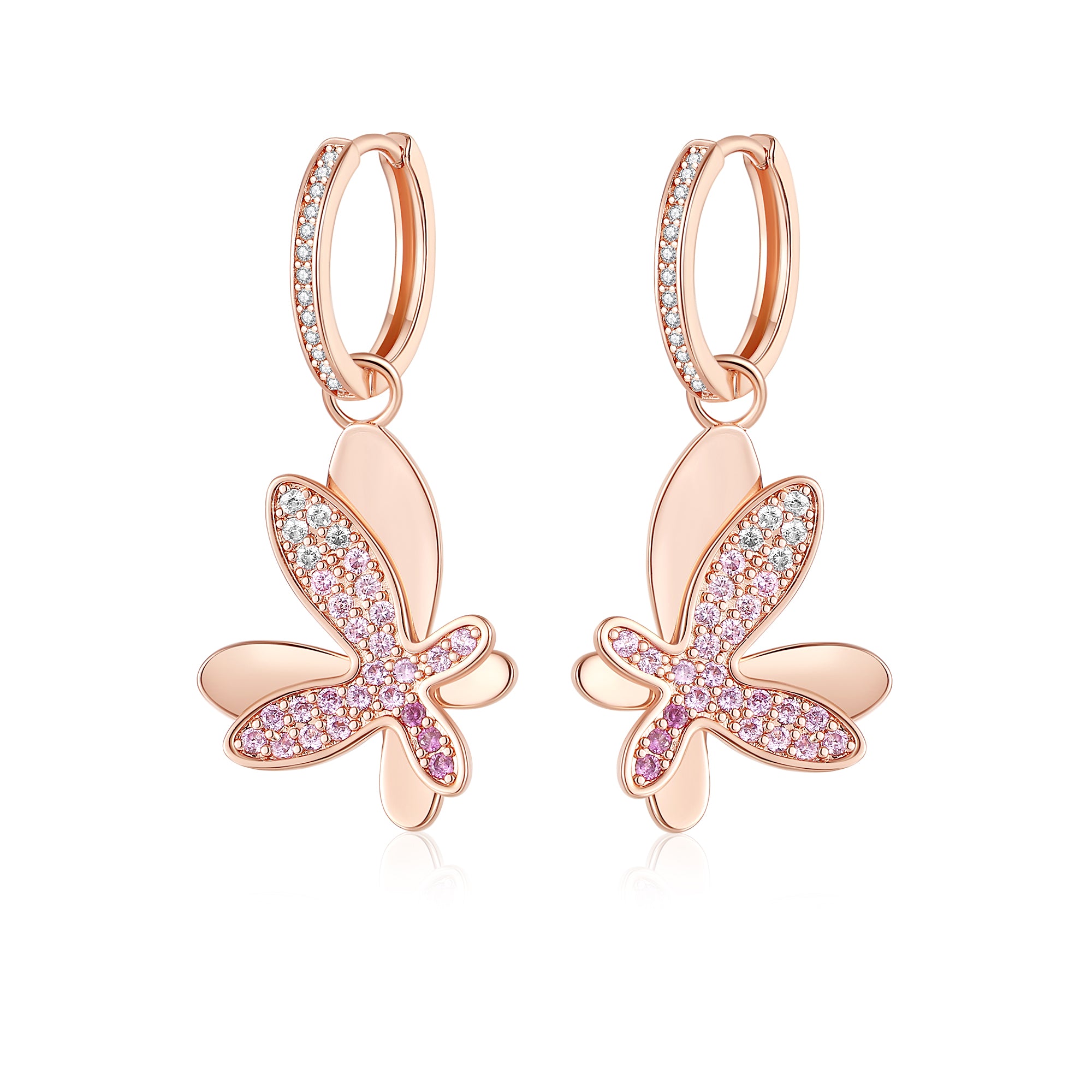 Classicharms Rose Gold Gradient Pink Pavé Diamond Butterfly Dangle Drop Hoop Earrings