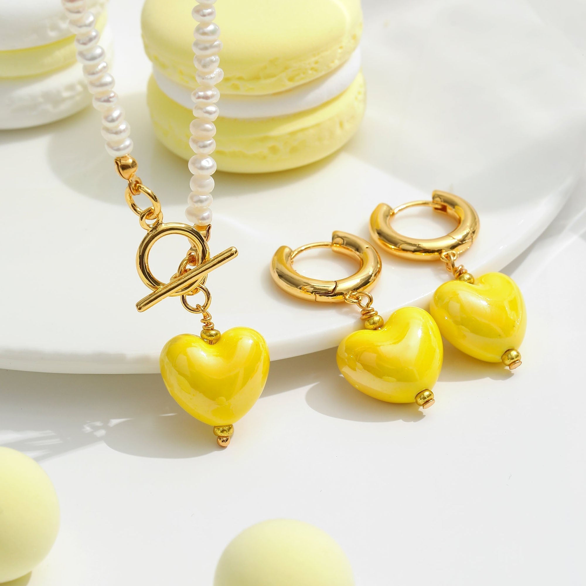 Classicharms Yellow Ceramic Heart Dangle Earrings
