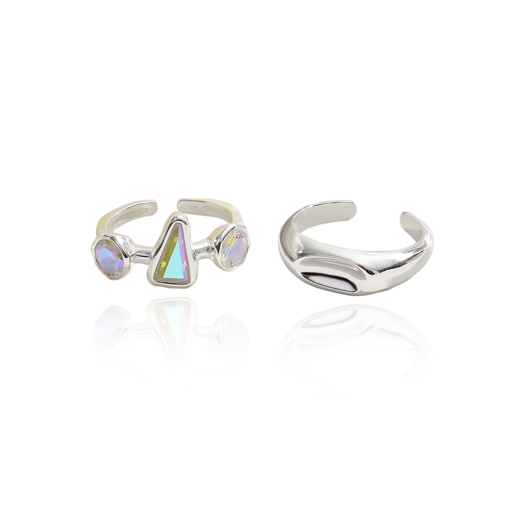 Geometric Aurora Borealis Cubic Zirconia Sterling Silver Ring Set