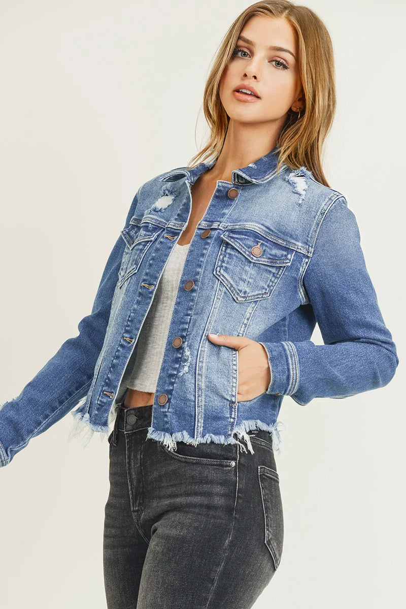 RISEN-Distressed Hem Denim Jacket