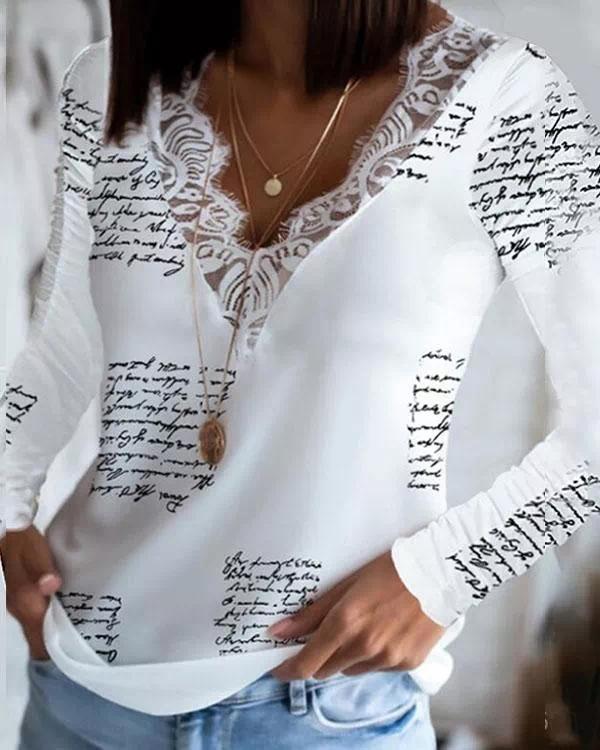 Image of Women's Lace V Neck Newspaper Print Long Sleeve Blouse Top