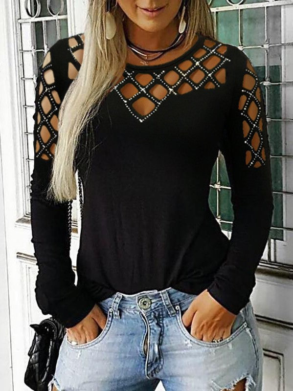 Image of Women's Casual Crew Neck Hollow Out Long Sleeve Blouses