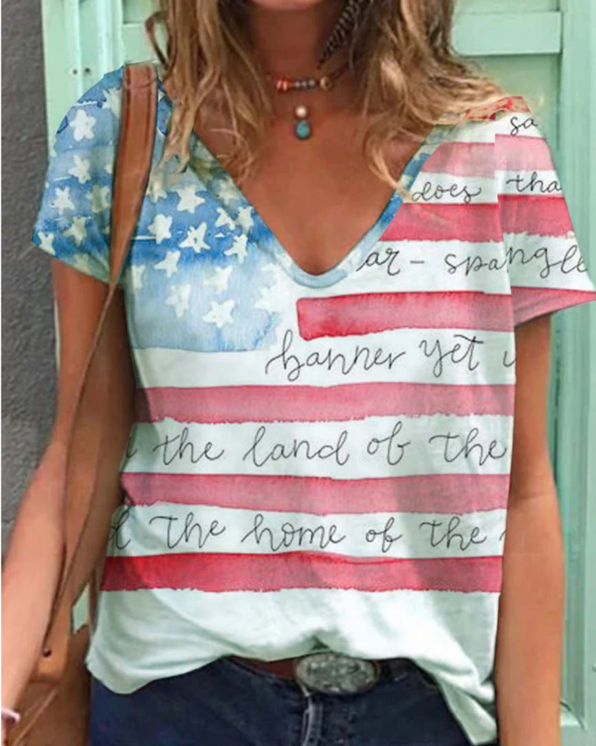 Image of Women Elegant Sexy V-neck Collar Color Printed Stars Short Sleeve Fold Casual  Tops Shirt Women  A oths b f W A7 - S LA 