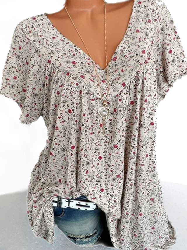 Image of Hot Style V-Neck Loose Short-Sleeved Printed Blouses