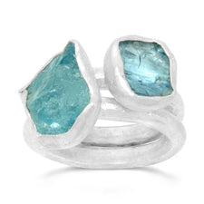aquamarine stacking rings using rough cut crystals and hammered silver