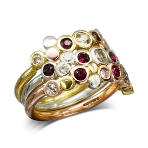 Three colour gold ruby stacking rings