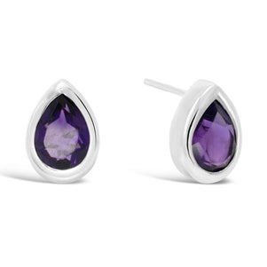 Amethyst silver earstuds with a faceted pear shaped stone