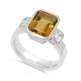 Autumn Jewellery emerald cut yellow topaz and diamond ring