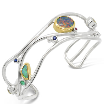 95000084 Wave cuff silver and 18ct gold with opal ruby sapphire emerald and diamond