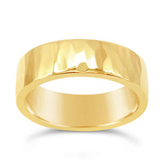 Hammered gold wedding ring 7mm wide in 9ct yellow gold
