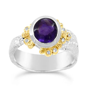 amethyst diamond ring white gold with gold bead work