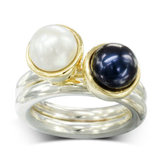 silver and gold black and white pearl stacking rings