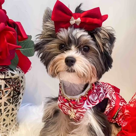 Yorkie in a Red Full Rose Dog Dress