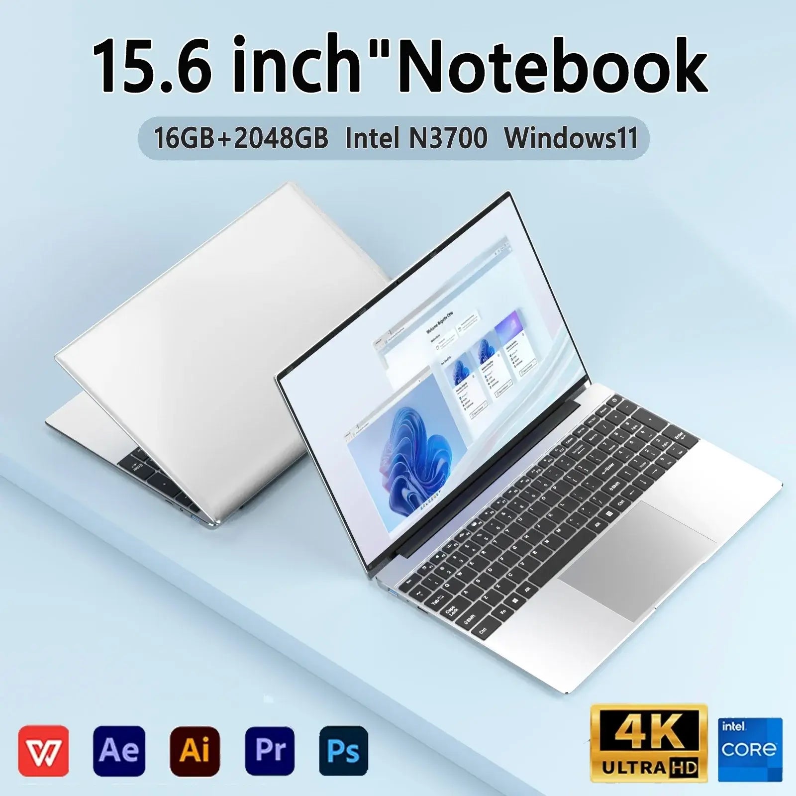 15.6" Ultra Slim Laptop 16GB RAM 2TB SSD Intel N3700 Notebook Gamer 1920*1080 Display Office Study Computer PC Windows 11 Pro