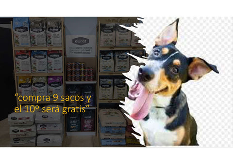 foto perrito rodeados de sacos de pienso Ownat en nuestra tienda I Love Dog Wash Orihuela Costa