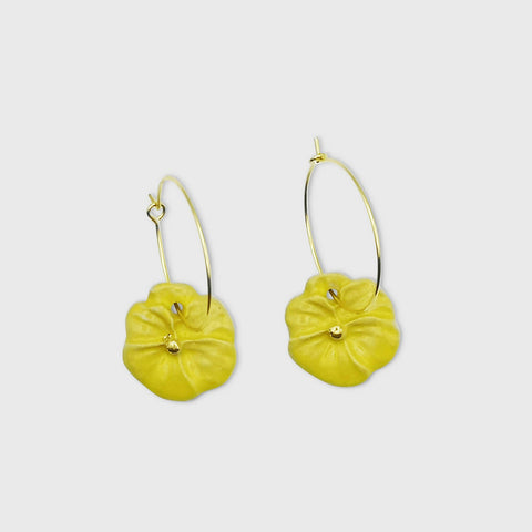 Boucles d'oreilles fleurs pensees jaunes pendant pour femme