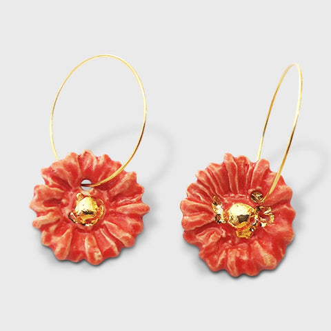 Boucles d'oreilles fleurs rouges corail or pendante pour femme anniversaire