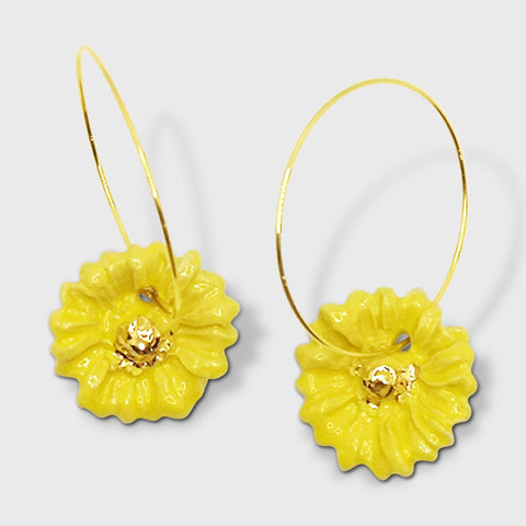 Boucles d'oreilles jaunes or fleur marguerite tournesol pendante pour femme made in france
