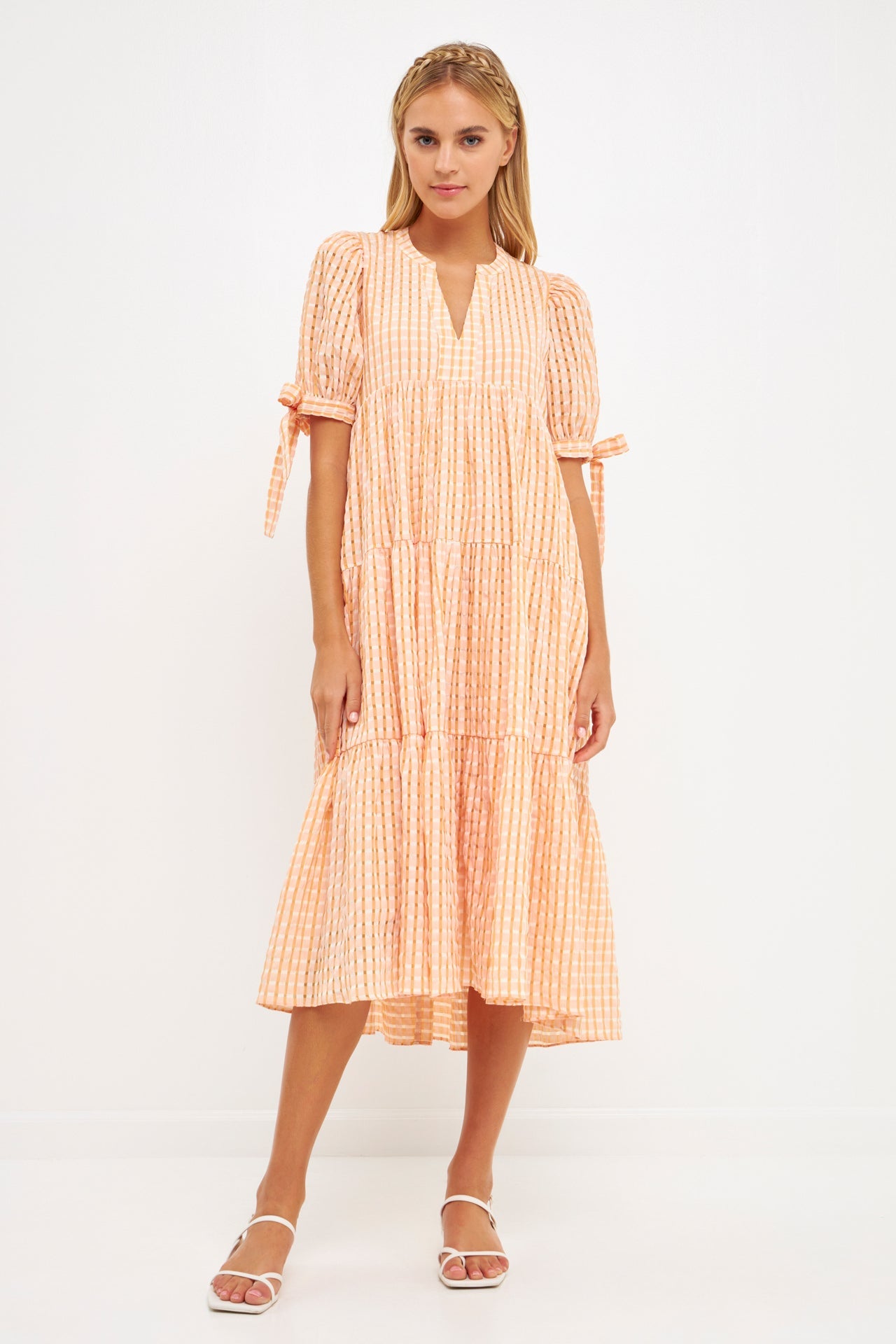 Gingham Tiered Midi Dress with Bow Tie Sleeves – English Factory