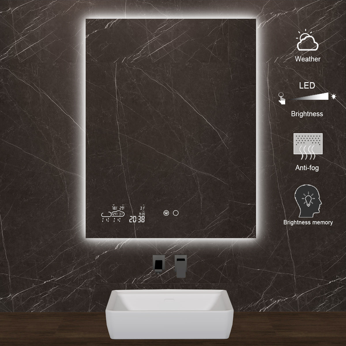 smart backlit led bathroom mirror with clock date temperature