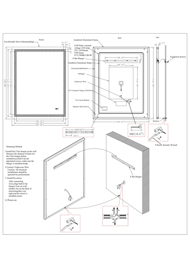 shop drawings for LED lighted bathroom mirror 3000K yellow warm light for hotel resort