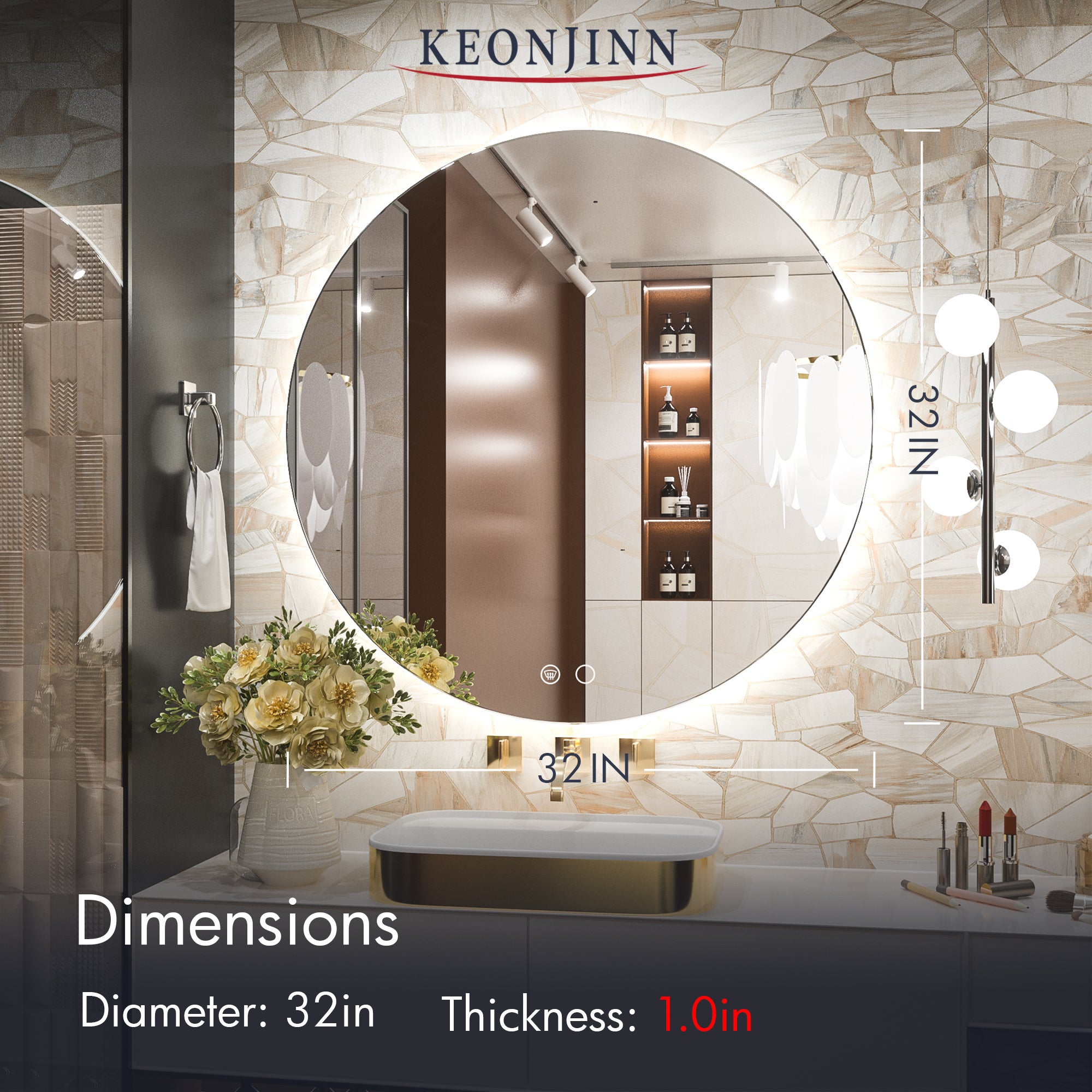 Keonjinn Round LED Mirror Backlit Mirror Bathroom Vanity Mirror with ...