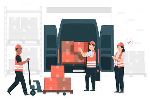 Workers checking and loading material boxes to a van with pallet truck from a warehouse concept illustration