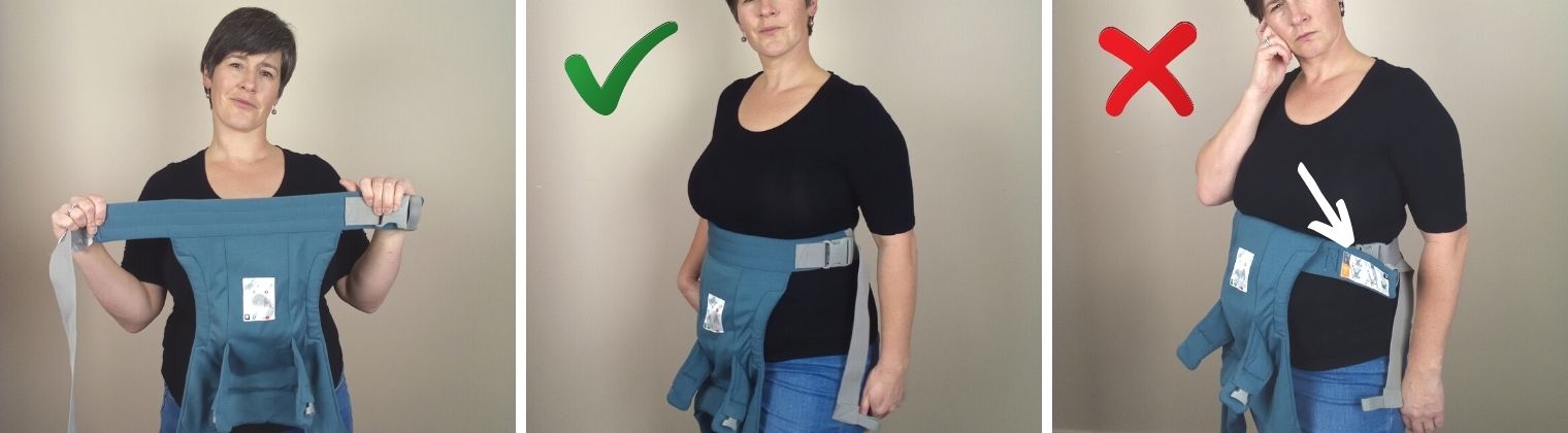 A series of 3 images with the ergobaby embrace.  The first shows the babywearing consultant holding the carrier by the waist band with back panel emerging from the bottom of the waistband.  The second shows the waistband secured on the woman in apron style. The third has a red cross indicating it is placed on incorrectly with the back panel coming out of the top of the waistband.
