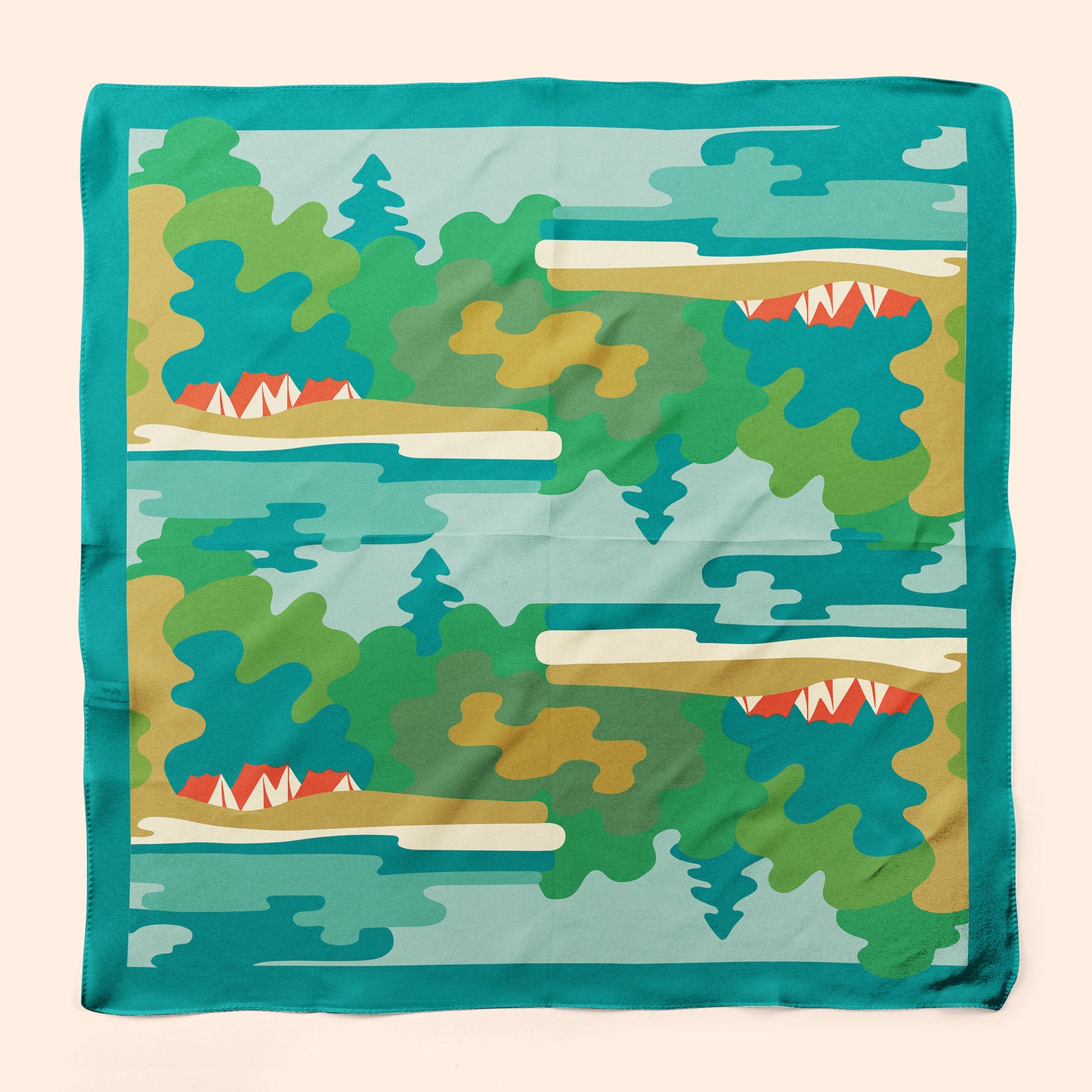 Colorful lakeside camping scene on a 100% silk scarf. This is a charming, and nature-inspired square scarf