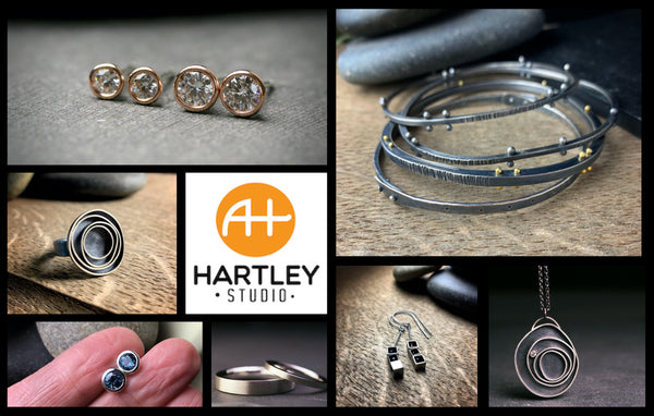 a collage image of rose gold earrings, silver bracelets, rings and pendants