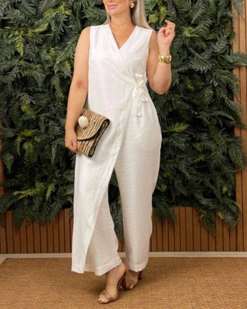 Plain V Neck Asymmetrical Patch Tied Detail Jumpsuit Casual Loose Fit Romper