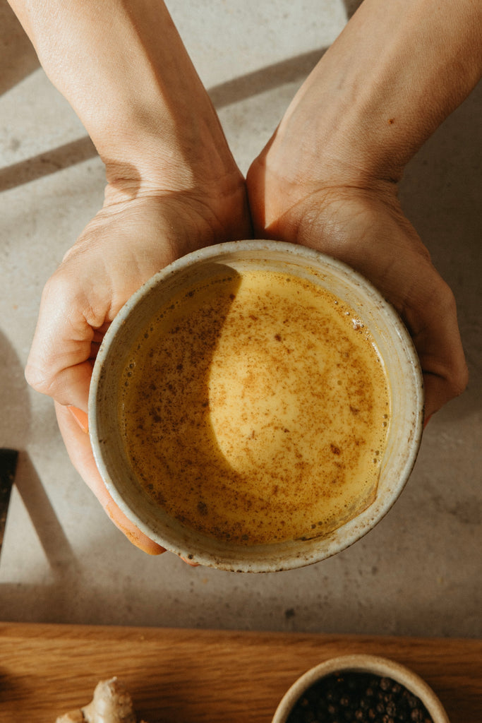 golden milk recipe, ayurvedic wellness drink, turmeric, ritual mug, casa zuma gathering board