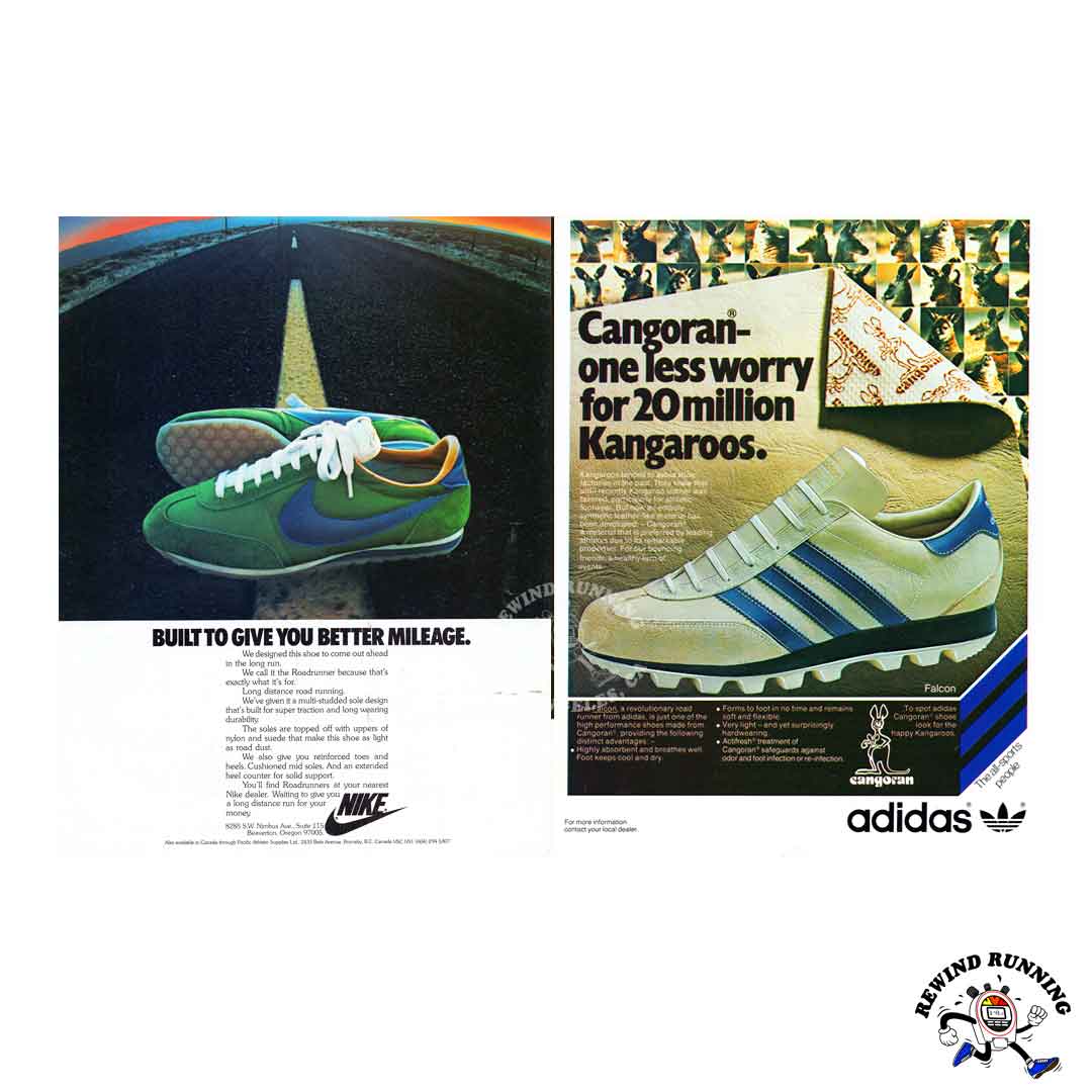 Nike Roadrunner & adidas Cangoran 1977 vintage sneaker ad – Rewind Running™