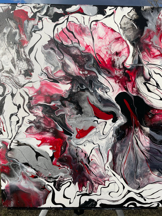 Black, red & white abstract acrylic painting