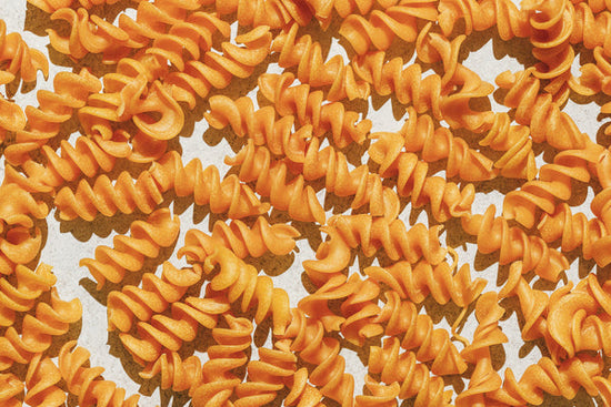Closeup of Kaizen Fusilli lupini pasta noodles. 