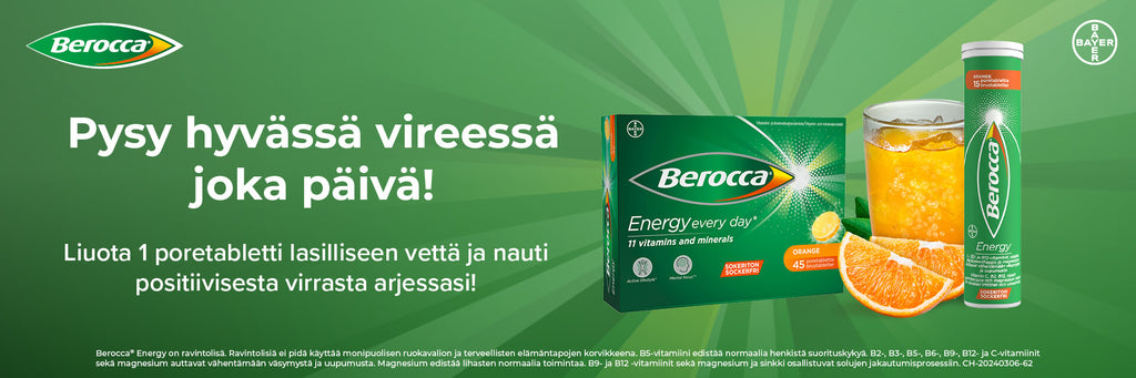 Berocca energy orange poretabletti auttaa pysymään hyvässä vireessä joka päivä soveltuu aikuisille ja vähintään 12 vuotiaille