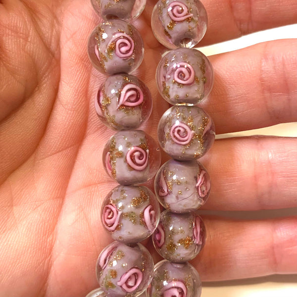 2 pcs - 12mm Handmade Lamp work Beads - Lilac with Pink Swirls and Gold Sand