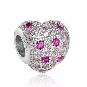 925 Sterling Silver - Pave Heart Charm with Pink and Clear CZs - Fits Pandora Charm Bracelets