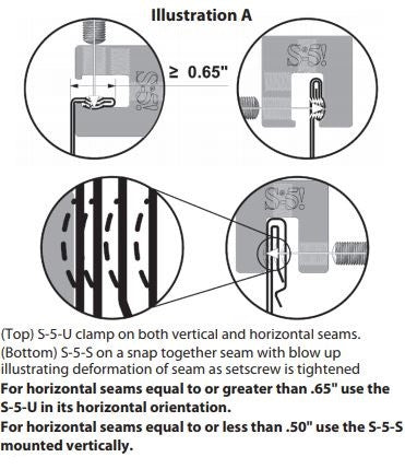 Illustration of how S-5-U clamps are use on horizontal and vertical seams.