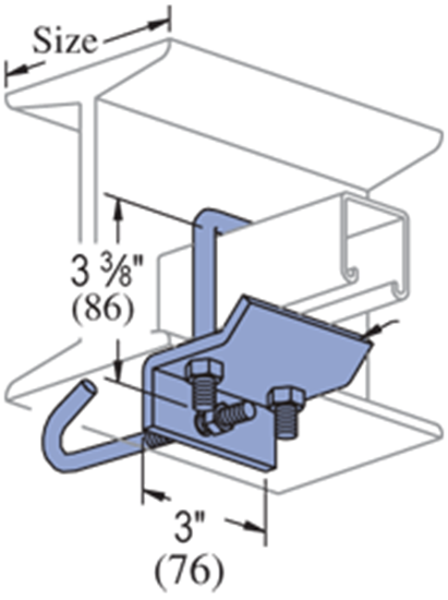 Unistrut P2867 J-Bolt Beam Clamp attached to an I-beam.