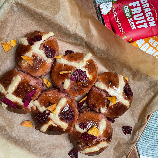 tropical hot cross buns with soft dried mango and soft dried dragon fruit