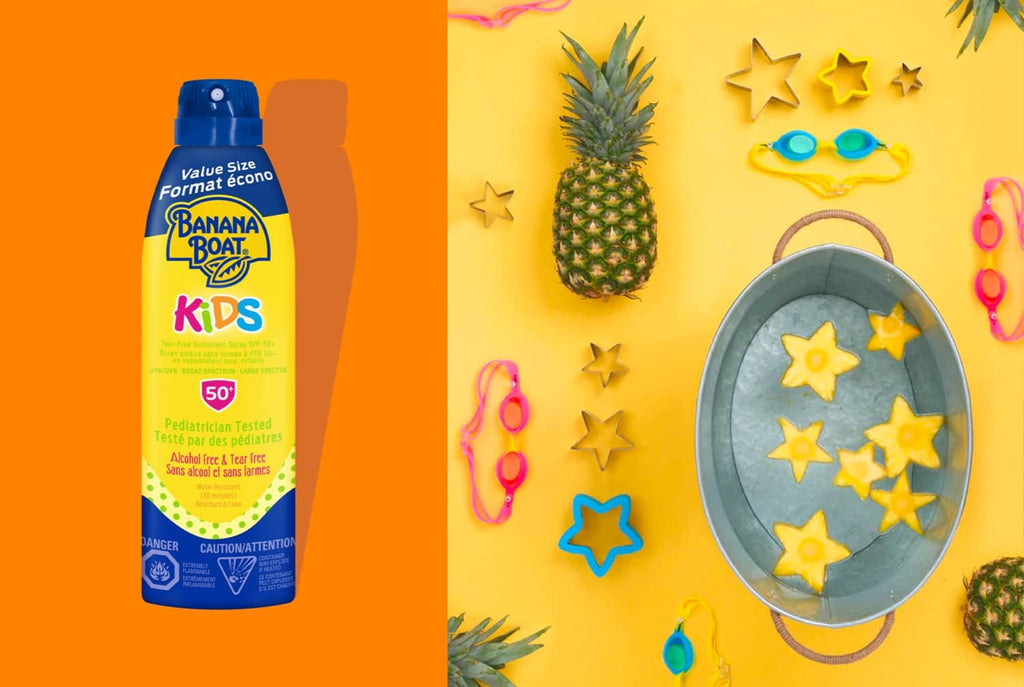 A playful display of a sample Banana Boat® product with pineapples