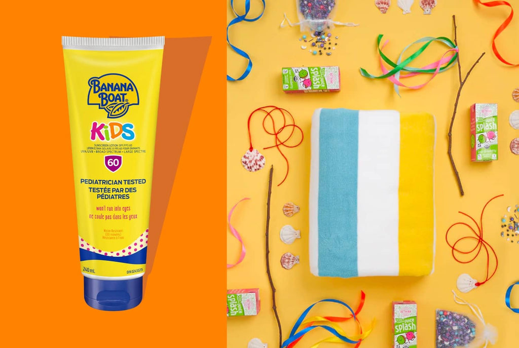 A playful display of a sample Banana Boat® product with juice boxes and beach towel