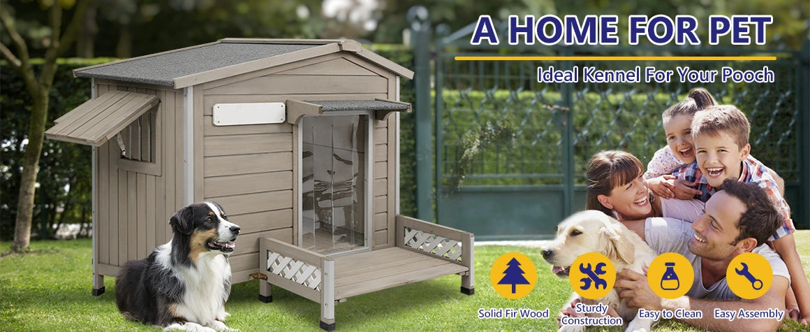 Overview of PETSCOSSET PET67 outdoor wooden dog house with porch